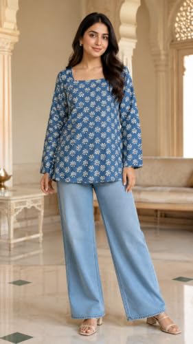 Image of Women's Floral Printed Cotton Kurti Summer Cotton Tunic Top for Girls