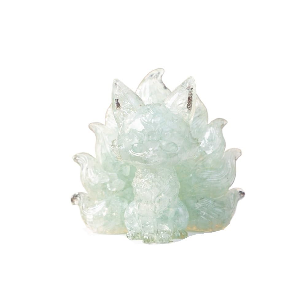 HUFFA Auspicious Nine-Tailed Fox and Phoenix Ornament with Crystal Chips - Perfect Home and Desktop Decoration(Aquamarine)