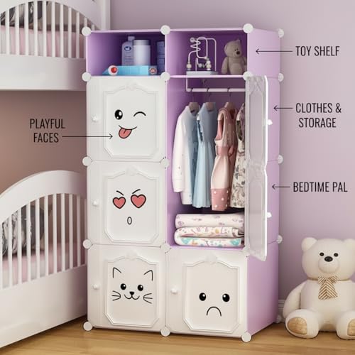 Image of EXVITO Collapsible Wardrobe Storage Cabinet | 6+2 Door Plastic Modular Clothes Organizer for Kids | Foldable Wardrobe Storage Rack with Hanging Space | Multi-Purpose Kids Closet Organizer - Purple