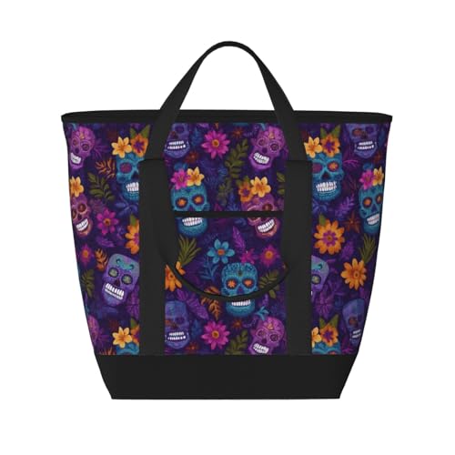 Sac d'épicerie isotherme à motif de tête de mort fleurie pour vos courses au frais
