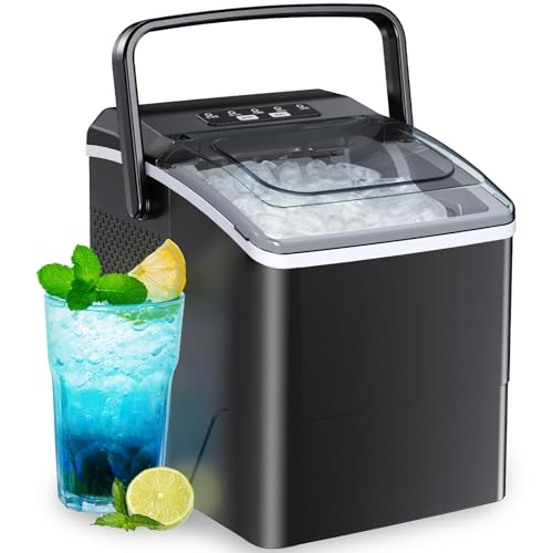 Bebisuny Countertop Ice Maker, 9 Ice Cubes in 6 Mins, 26 Lbs in 24 Hrs, Portable Bullet Ice Machine with Handle & Ice Scoop, Compact Ice Maker with Self Cleaning Function, 2 Ice Sizes, Black