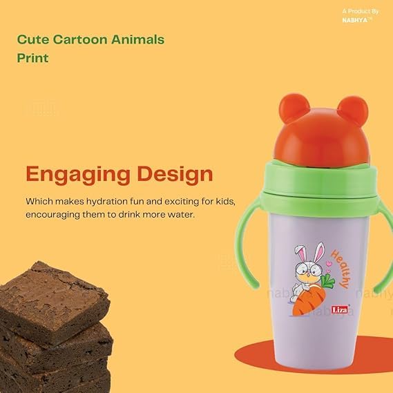 Zerya Hot & Cold Insulated Stainless Steel 360ml BPA-Free Cute Animal Design Baby Sipper Kids Water Bottle with Straw and Side Handle for Kids (Purple) 1