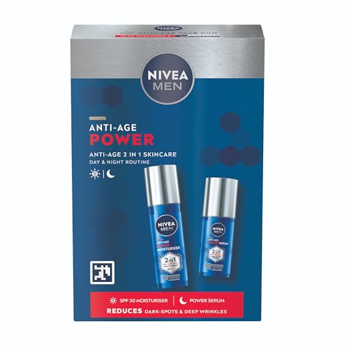NIVEA MEN Anti-Age Power Gift Set (2 Products) - Mens Gift Set - Anti-Wrinkle Skincare Duo includes Face Moisturising Day Cream and Dark Spot Reducing Face Serum