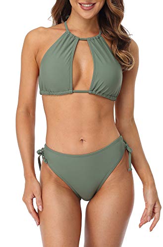 beautyin Women Keyhole Cutout Bathing Suit Two Piece Halter Bikini Army Green M