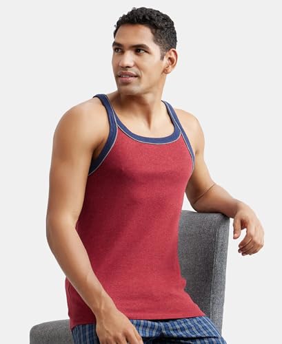Image of Jockey US54 Men's Super Combed Cotton Rib Square Neckline Gym Vest with Back Panel Graphic Print (Shoulder Starp Color May Vary)