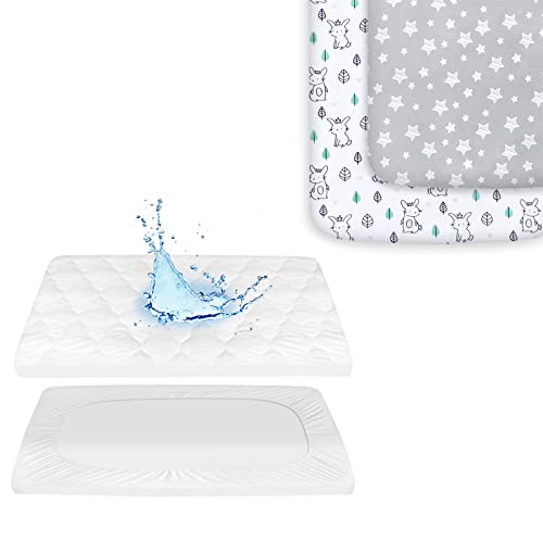 Image of Pack and Play Sheets, 2 Pack Mini Crib Sheets, Stretchy Pack n Play Playard Fitted Sheet and Pack N Play Mattress Protector Cover Waterproof, Fit Graco Pack and Play Portable Playard
