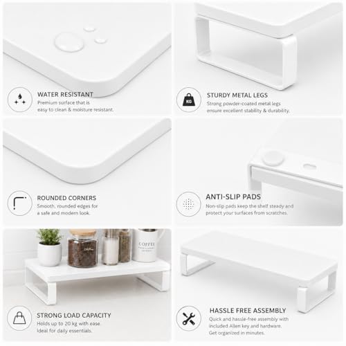Image of Decorlay Engineered Wood Monitor Stand Riser for Desktop Computer & Laptop | Heavy Duty White Metal Frame | Ergonomic Monitor Shelf with Keyboard Storage | Space Saving Desk Organizer | Full White