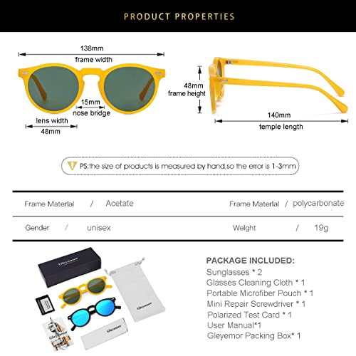 Image of Gleyemor Vintage Polarized Sunglasses for Men Round Sunglasses UV400 Protection Retro Hand-crafted Acetate Frame