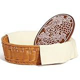 Cecnamt Bread Basket with Terracotta Warmer Stone, Liner and Cover Cloth, Bread Baskets for Serving, Sourdough, Bakers Gift for Kitchen, House Warming Gift - Plastic