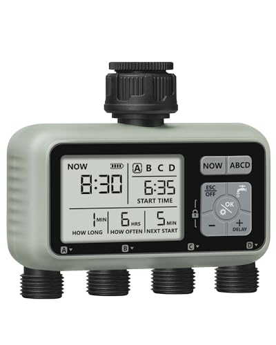 WILAWELS 4 Zone Sprinkler Timer, Garden Hose Timer, Automatic Irrigation System, Programmable Faucet, 4 Outlets, with Rain Delay, Manual Mode,Child Lock, for Yard, Garden, Lawn Greenish Gray D14WT06
