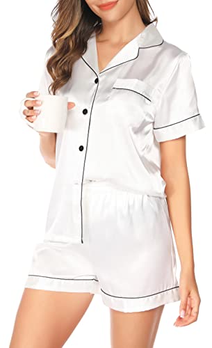 Image of Vlazom Womens Silk Pajamas, Short Sleeve Satin 2 Piece Pj Sets Button-Down Sleepwear Loungewear Pjs Shorts Set S-XXL