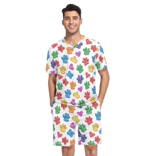 Colorful Paw Print Men’s Pajama Sets 2 Piece Short Sleeve Sleepwear with Printed Design