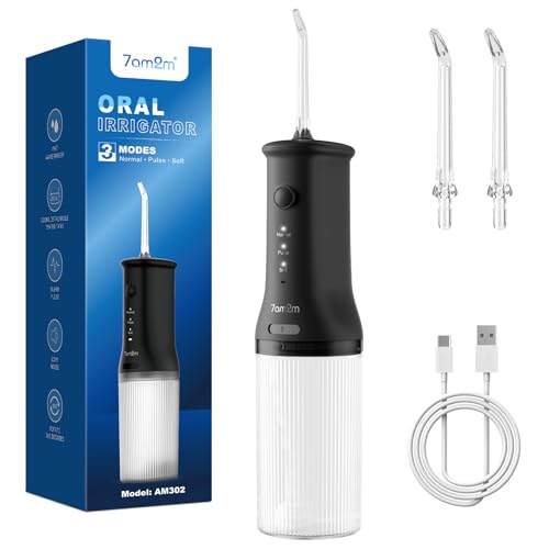 7AM2M Portable Cordless Water Flosser Oral Irrigator with 3 Modes & 2 Tips Fast Rechargeable IPX7 Waterproof Dental Water Flosser for Travel and Home Use (Black)