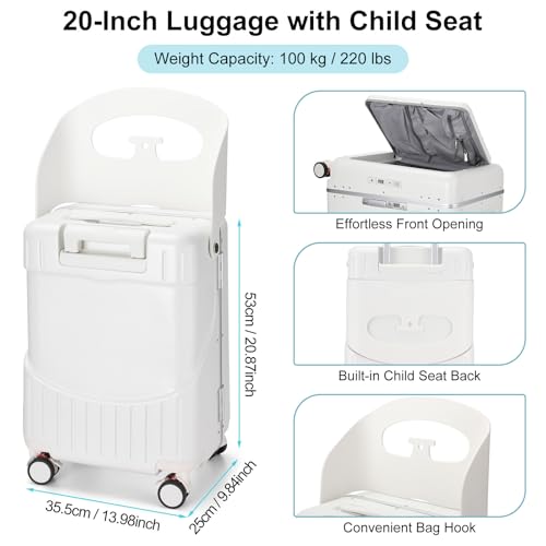 20 Inch Ride on Luggage with Seat for Kids Top Opening Aluminum Frame Suitcase with Spinner Wheels Locks for Travel(White) - Image 4