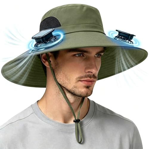 Hat with Fans Solar Power for Men Women Wide Brim Hat with 2 Fans UPF 50+ Outdoor Fishing Beach Sun Hat Army Green