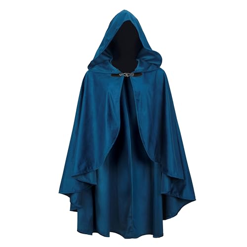 JPXH Medieval Cloak with Hood Short Hooded Cape for Adult Men and Women Halloween Renaissance Blue