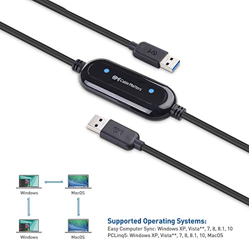 Cable Matters USB 3.0 Data Transfer Cable PC to PC for Windows and Mac Computer in 6.6 ft - PClinq5 and Bravura Easy Computer Sync Included - Compatible with PCMover for Windows System Migration