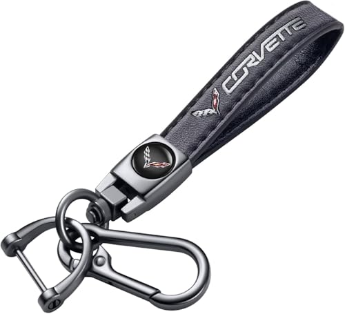 Xpress Sports Genuine Leather Car Key Chain for Corvette C4 C6 C5 C7 C8 Z06 Keychain for Men and Women Family Present Key Ring Accessories Black