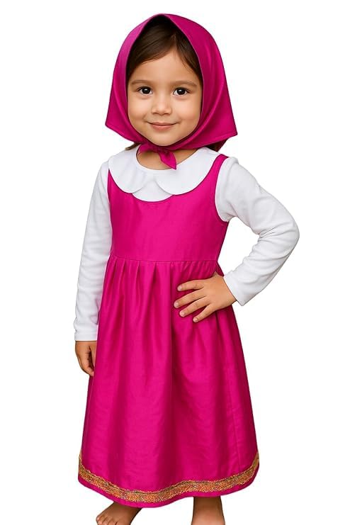 Image of Collection Girls' Costume Dress with Hood, Pink and White, Gold Trim Detail, Cartoon Character-Inspired