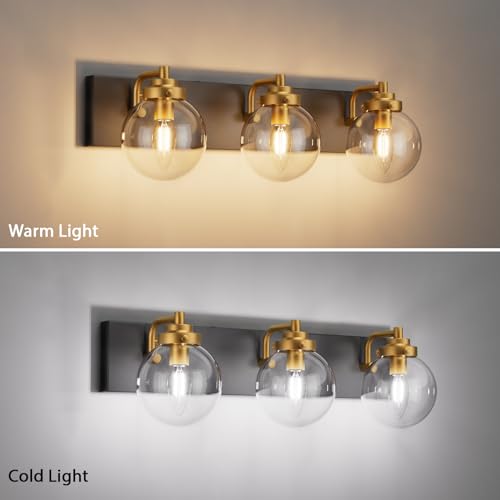 Image of Tipace Black and Gold Bathroom Vanity Light 3-Light Bathroom Light Fixtures Vintage Vanity Lighting Over Mirror with Clear Globe Glass Shade Bathroom Wall Sconce Lighting (Exclude E26 Bulb)