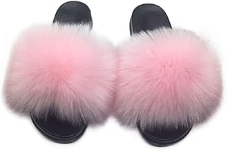 Women's Faux Fur Slides Slippers Fluffy Fuzzy Sandals Open Toe Furry Slide Flip Flop Indoor Outdoor