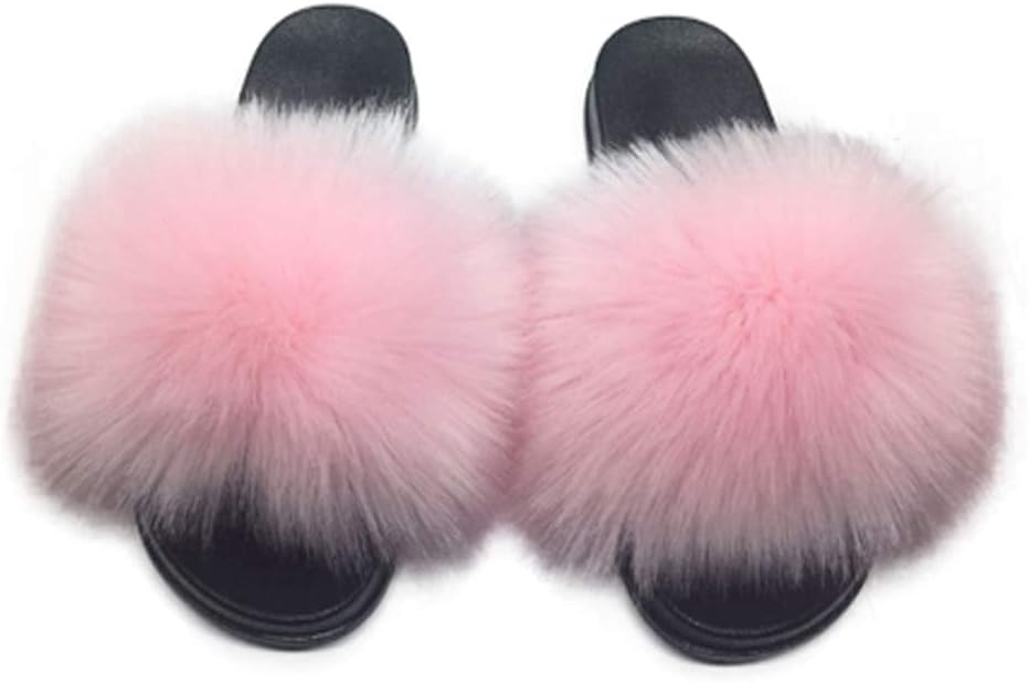 Women's Faux Fur Slides Slippers Fluffy Fuzzy Sandals Open Toe Furry Slide Flip Flop Indoor Outdoor