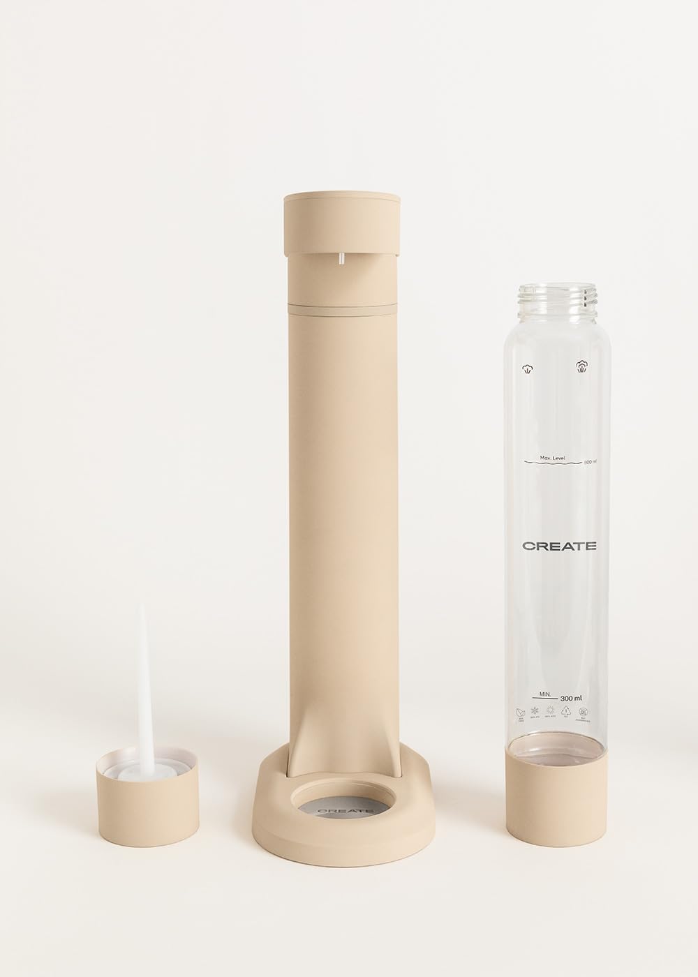 CREATE/SODA MAKER STUDIO/Machine pour faire de l’eau gazeuse 1L sable/Ne comprend pas de cylindres de CO₂, carbonation en 4 étapes, bouteille sans BPA, sans prise électrique