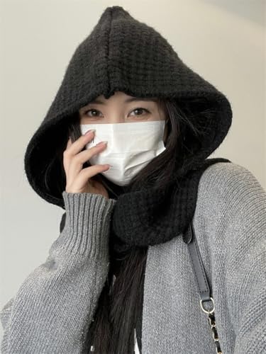 Women Winter 3 in 1 Hooded Hat Scarf Wrap Shawl Winter Warm Elastic Soft Ear Protection Knitted Beanie Hooded Scarf4