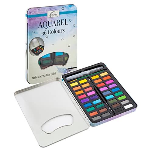 VAN NASSAU FINE ART Boîte à peinture aquarelle avec 36 couleurs différentes pour artistes, boîte aquarelle avec pinceau, pour adultes et enfants pour la peinture en voyage | Boîte de peinture Cover