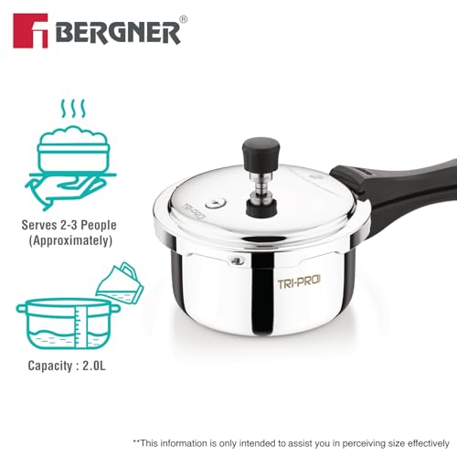 Image of Tripro Triply Stainless Steel Outer Lid Pressure Cooker, 2 Litres Pressure Cooker, Even Heat Distribution, Bakelite Sturdy Handle, Healthy Cooking, Easy to Clean - Induction and Gas Stove Ready