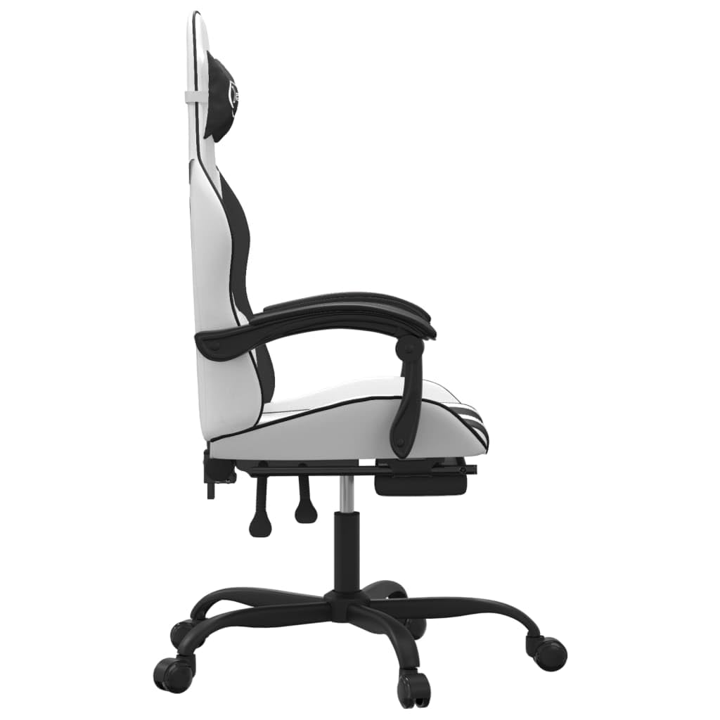 Gaming-Stuhl mit Fußstütze ergonomisch, Kunstleder Schreibtischstuhl höhenverstellbar mit Massagepunkt, Schwarz & Weiß