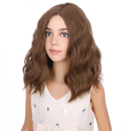 Image of PATTNIUM Kids Chocolate Brown Wig Child Light Brown Wig Short Bob Wavy Cury Wigs Girls Brown Hair Synthetic 12 inch Wigs with Wig Cap