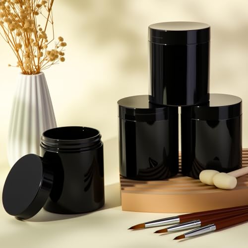 Image of Patelai 4 Pieces Round Wide-mouth Leak Proof Plastic Container Jars with Lids for Travel Storage Makeup Beauty Products Face Creams Oils Salves Ointments DIY Making(8 Ounce,Pure Black)