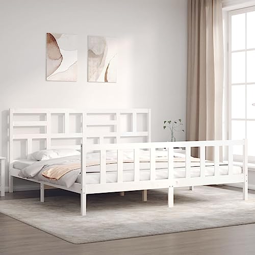 Homgoday Estructura Cama de Matrimonio con cabecero Madera Maciza Blanco, Base Somier para Adultos, niños y Adolescentes, Fácil Montaje Tipo 2