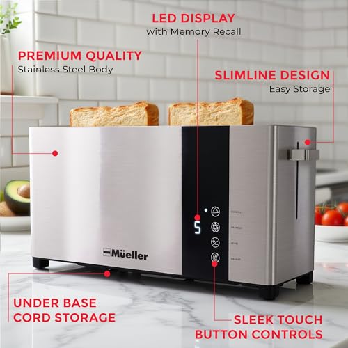 Mueller UltraToast Full Stainless Steel Toaster 2 Slice, Long Extra-Wide Slots with Removable Tray, Cancel/Defrost/Reheat Functions, 6 Browning Levels with LED Display, Housewarming Gifts New Home