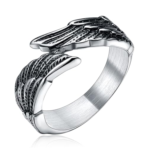 TIGRADE Antique Stainless Steel Ring Feather Angel Wing Cast Black Silver Band Size 4.5-14.5