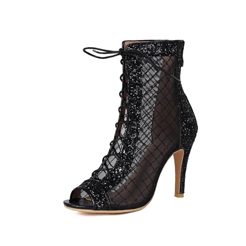 Bottines en mesh pailleté à talons stilettos de 9.5 cm bout ouvert pour femmes