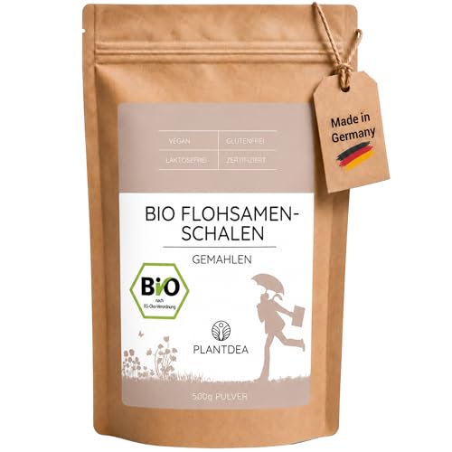 PlantDEA, Cáscaras de semillas de psyllium orgánicas en polvo (500 g), trituradas gruesas, ricas en fibra, vegano, probado en laboratorio
