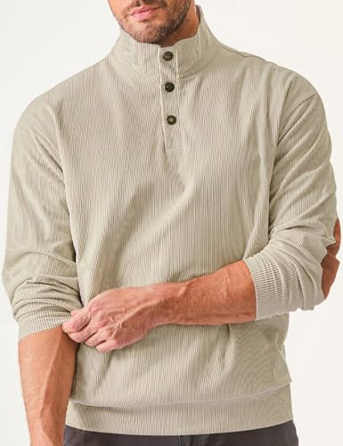 COZYPOIN Men's Corduroy Sweatshirts Casual Stand Collar Button Long Sleeve Henley Pullover Sweater with Elbow Patches(Beige-XL)2