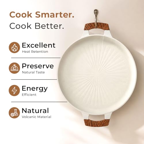 Image of HomeEssentials Non-Stick Grill Pan- 33cm Volcanic Rock Stone-Derived Griddle Pan with Heat-Resistant Wood-Grain Handles -for Kitchen, Non-Toxic, Chemical & PFOA Free, Gas Stove Induction Compatible