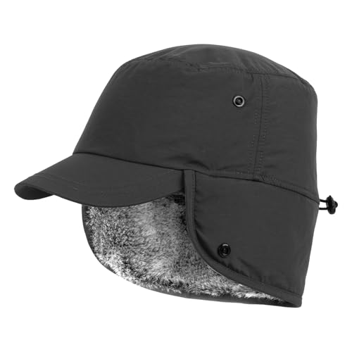 GUTISHI Mens Winter Hat with Ear Flaps Waterproof Winter Trapper Hat for Men Faux Fur Baseball Cap Grey