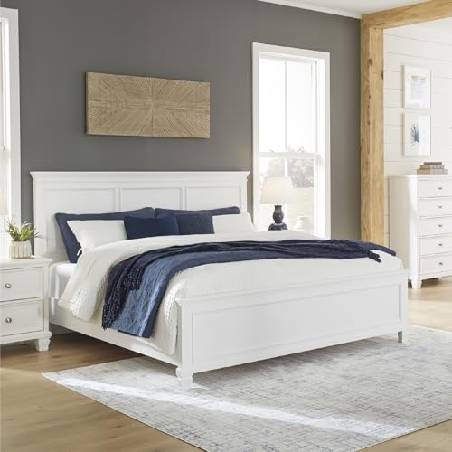 Image of Signature Design by Ashley Fortman Transitional King Panel Bed with Tapered Feet, Foundation or Box Spring Needed, White