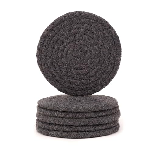 Image of Encasa XO Drink Coasters Set of 6 | Dark Grey with Round (9 cm) | Handcrafted Ribbed Cotton | Absorbent & Heat-Resistant | Use for Tea, Coffee Table & Desk