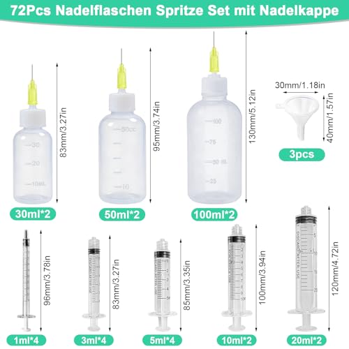 6 STK Nadelflaschen 30/50/100ml, Luer Lock Spritze Set 1/3/5/10/20ml, Präzisionsspitzen Nadelflasche Applikator mit Stumpfer/Nadelspitze Kappen/Schlauch, Nadelspitzen Dosierflasche für DIY,Farbe,Leim