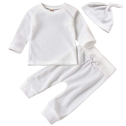 Newborn Baby Boys Girls Waffle Knit Cotton Homewear Outfit with Hat Long Sleeve Top+Pants Set (White, 0-6 Months)
