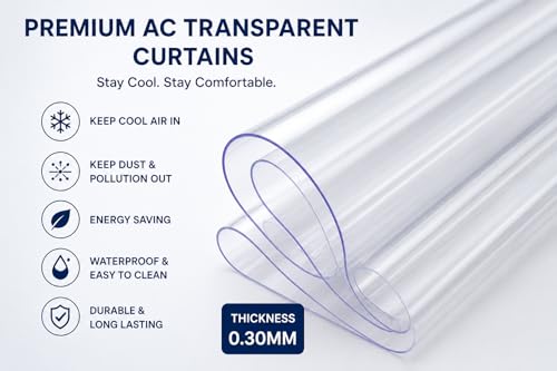 Image of Transparent PVC Door Curtain for AC Room 7 Feet | 0.20MM Thick Clear Plastic Strip Curtain | Cooling Retention, Dustproof, Waterproof | Room Partition Curtain with 8 Grommets