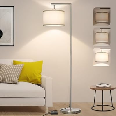 Boncoo Modern Floor Lamp for Bedroom, Dimmable Silver Floor Lamps for Living Room with Adjustable Shade, Tall Standing Lamp Nickel Finish Reading Light for Office Dorm Nursery, 9W LED Bulb Included