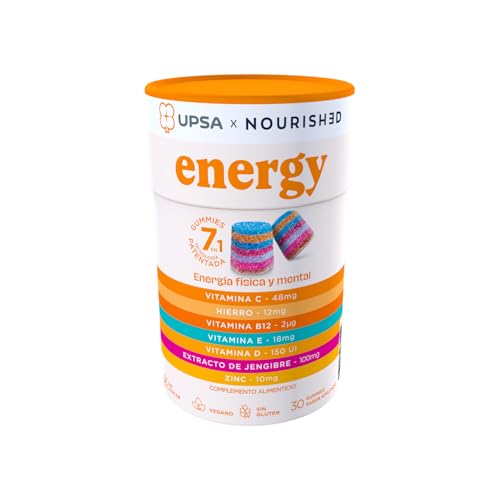 UPSA x Nourished Energy Gummies - Refuerzo de la Energía Física y Mental, Reducción de la Fatiga - Vitaminas C, B12, D3, E, Zinc, Hierro y Jengibre - 30 gummies