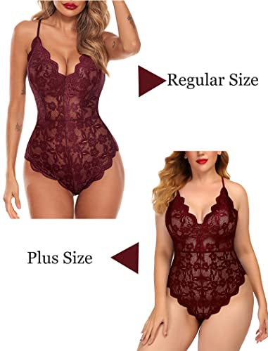 Image of Avidlove Sexy Lingerie for Women Deep V Teddy Sheer Lace Bodysuit Snap Crotch One Piece Babydoll