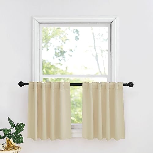 Image of RYB HOME Small Window Curtains - Blackout Insualting Privacy Curtains for Kids Bedroom Kitchen Bathroom Basement Cafe Cabinet Tiers Drapes, 34 Width x 24 Length, 2 Panels, Biscotti Beige